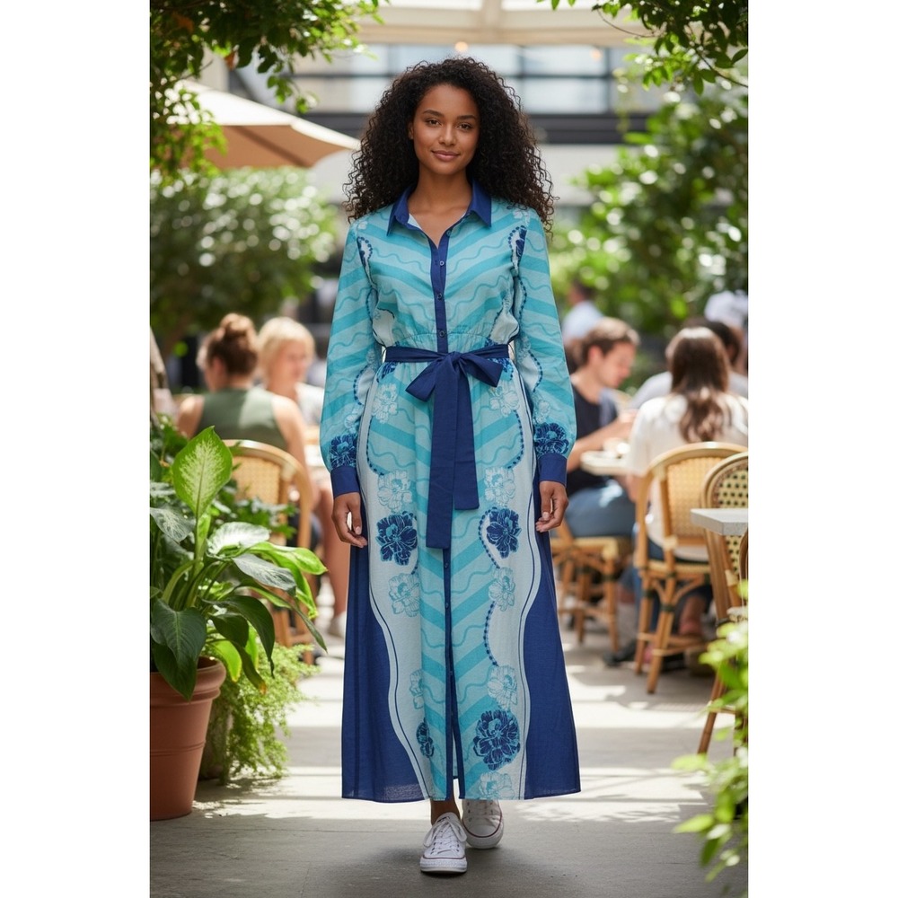 Celina Moon Blue Floral Cotton Midi Shirt Dress XL Long Sleeve Belt
